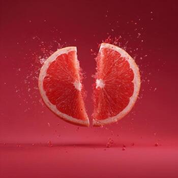 Sliced grapefruit splashing on red background photo