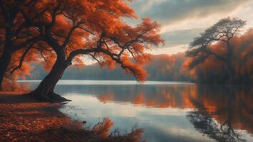 Reflective Lake Scene with Autumn Trees and Colorful Sky photo