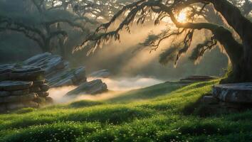 Sunlight Shines Through Foggy Forest with Green Meadow and Rocks photo