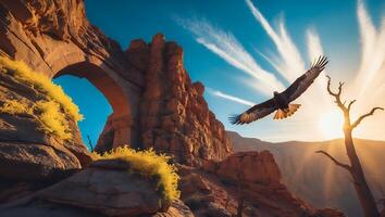 Eagle Flying Over Rocky Canyon at Sunset with Arched Rock Formation photo