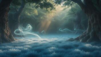 Misty Forest Scene with Sun Rays and Wispy Lights photo