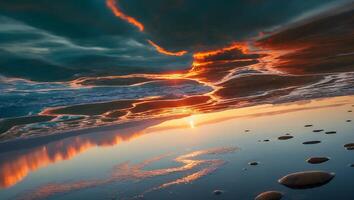 Dramatic Sunset Reflection on Wet Sand with Colorful Clouds photo