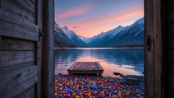 Lake View Through Open Wooden Door with Colorful Pebbles Landscape photo