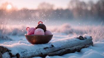 Ice Cream Scoops in Bowl on Snow with Candy Canes photo