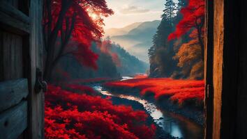 River Flowing Through Autumn Forest Viewed From Open Wooden Door photo