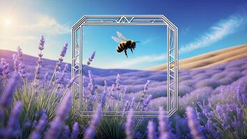 Bee Flying Over Lavender Field with Frame Captures Idyllic Landscape photo