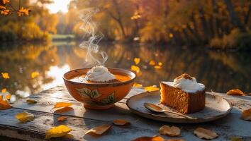 Enjoying Autumn Treats Pumpkin Soup and Cake by Lake photo