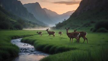 Deer Grazing in Green Valley by Creek at Dawn with Mountains photo