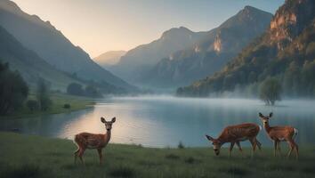 Deer Grazing Near a Lake Surrounded by Mountains in Misty Morning photo