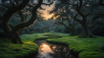Flowing Creek Through Forest with Mossy Ground and Sunset Light photo