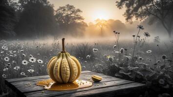 Serving Gourd with Liquid on Wooden Table in Foggy Field photo