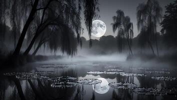 Lake Reflections Under Full Moon with Misty Trees and Lilypads photo