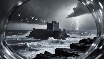 Castle on Island During Storm with Lightning Strikes and Rough Sea photo
