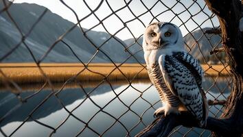 Snowy Owl Perched on Branch Behind Fence with Mountain Backdrop photo