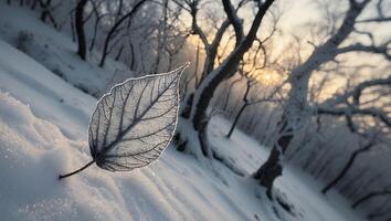 Leaf Resting on Snow in Winter Forest with Morning Light photo
