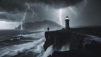 Standing Figure at Cliff Edge Near Lighthouse During Lightning Storm photo