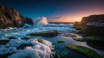 Ocean Waves Crashing on Rocky Shoreline at Sunset with Starry Sky photo