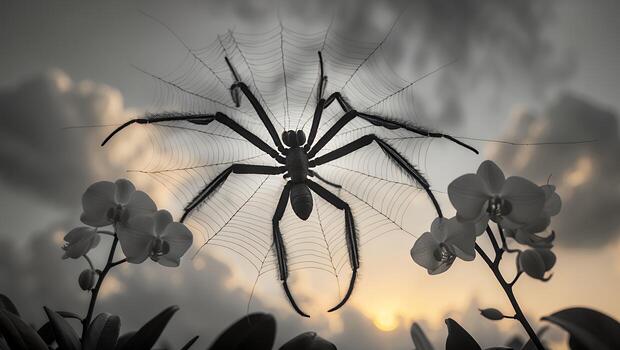 Spider in Web with Orchid Flowers Against Cloudy Sky Background photo