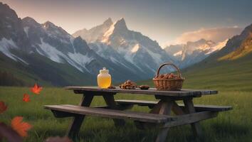 Enjoying Picnic with Honey and Fruit Basket in Mountain Landscape photo