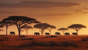 Elephants Walking Across African Savanna at Sunset with Golden Light photo