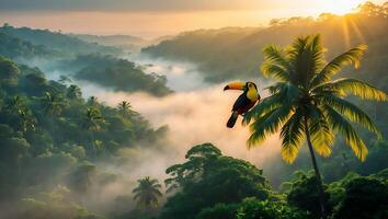 Toucan Perched on Palm Tree with Foggy Rainforest Landscape photo