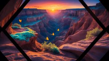 Flying Butterflies in Canyon Landscape at Sunset with Vibrant Sky photo