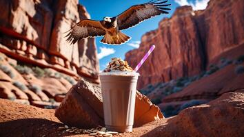 Hawk Flying Above Nut Milkshake in Desert Landscape Scenery photo