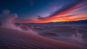 Sand Dunes at Sunset with Red and Orange Sky and Haze photo