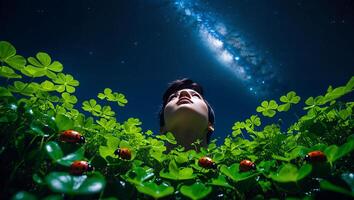 Looking at Milky Way Galaxy Among Clovers and Ladybugs at Night photo
