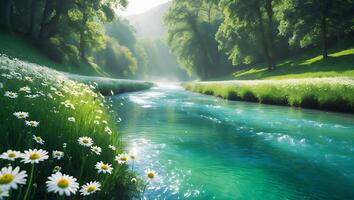 Flowing River Through Lush Green Forest with Wildflowers in Spring photo