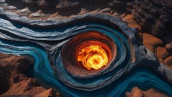 Glowing Fiery Vortex Surrounded by Water and Rocky Terrain photo