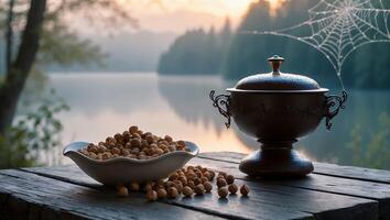 Nuts in Bowl and Covered Pot on Wooden Table by Lake photo