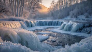 Icy Waterfall Cascading Through Snow Covered Forest Landscape in Winter photo