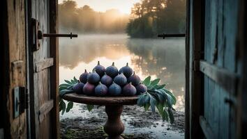Figs on Table Overlooking Misty Lake at Sunrise Through Open Door photo