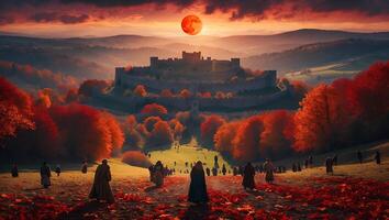 People Walking Towards a Distant Castle at Sunset with Autumn Foliage photo