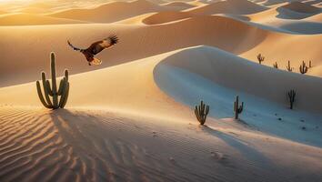 Hawk Flying Above Desert Dunes with Cactus Plants in Sunlight photo
