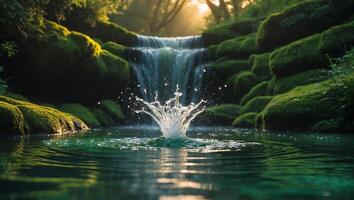 Water Splash in Calm Pond with Waterfall and Mossy Rocks photo