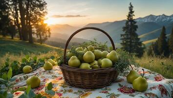 Harvested Pears in Wicker Basket Overlooking Mountain Range at Sunset photo
