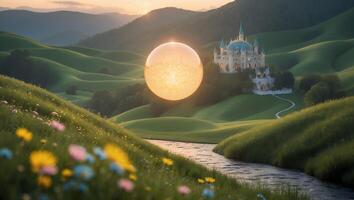 Glowing Orb Floats Above River Leading to Distant Castle at Sunset photo