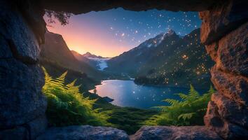 Scenic Mountain Lake View From Stone Cave with Ferns and Evening Sky photo