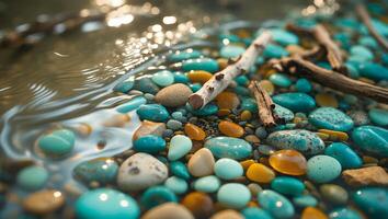 River Rocks and Wood Reflecting Sunlight in Flowing Water Stream photo