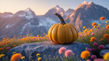 Pumpkin on Rock Outcrop with Mountain Backdrop and Wildflowers photo