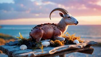Resting Goat on Wooden Table Near Ocean at Sunset photo