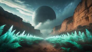 Exploring Canyon with Large Sphere and Vibrant Ferns Landscape photo