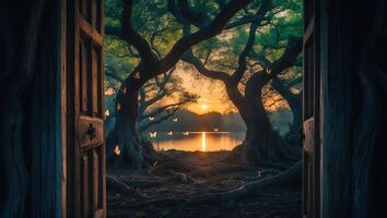 Open Door Leading to Lake at Sunset with Butterflies and Trees photo