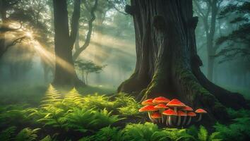 Mushroom Cluster and Ferns in Mystical Forest with Sun Rays photo