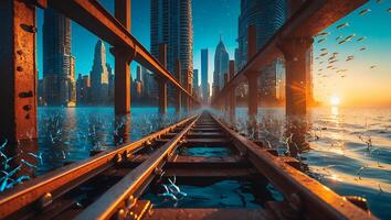 Train Tracks Leading to City Skyline Over Water at Sunset photo