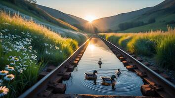 Ducks Swimming on Flooded Railroad Tracks at Peaceful Sunset Scene photo