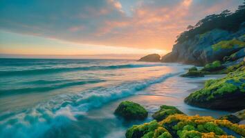 Ocean Waves Crashing on Shoreline Rocks at Colorful Sunset View photo