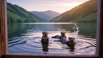 Otters Swim in Lake Framed by Window Scenic Mountain View photo